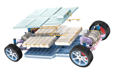 Exploded view of electric vehicle chassis equipped with battery pack isolated on white background. Function parts in different color. 3D rendering image.
