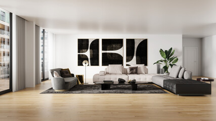 Large luxury modern bright interiors Living room mockup illustration 3D rendering image