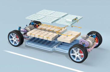 Exploded view of electric vehicle chassis equipped with battery pack on the road. Function parts in different color. 3D rendering image.