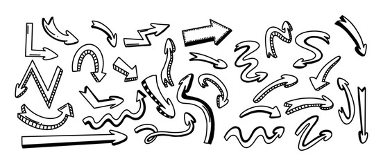 3d illusion hand-sketched arrow icons in monochrome. Set of vector illustrations featuring arrows drawn in sketch-style emphasizing dimensional appearance