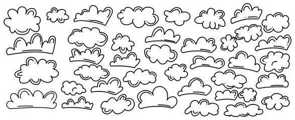 Playful cloud doodles in monochrome vector illustration pack. Essence of sky and weather phenomena in monochrome style on white background