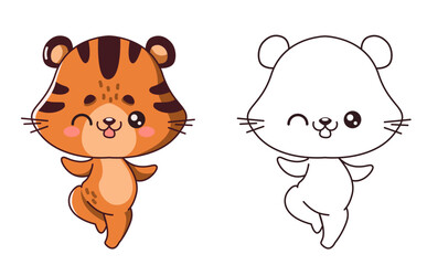Playful tiger dancing ballet cartoon character of coloring page. Winking exotic animal having fun at party colorful and linear illustrations