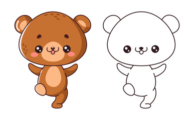 Funny baby bear dancing cartoon character of coloring page. Wild animal cub performing joy emotions color and linear illustrations