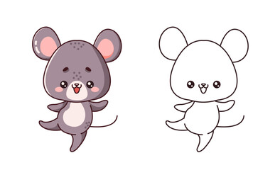 Happy little mouse dancing cartoon character of coloring page. Kawaii baby rodent having fun colour and outline illustration for children art