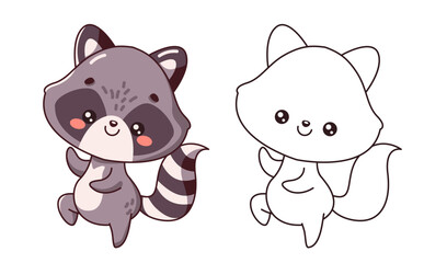 Joyful little racoon dancing cartoon character of coloring page. Cute forest animal showing happiness color and linear illustrations
