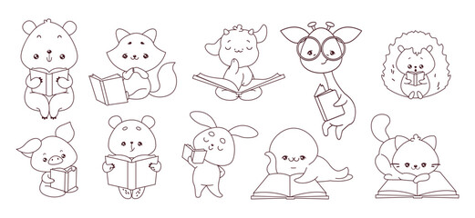 Linear illustrations of cute animal readers on white background. Images promote literacy and learning in fun and appealing way for elementary school