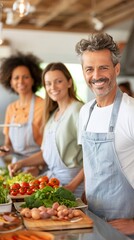 Fototapeta premium Group of Chefs Preparing Fresh Vegetables in Modern Kitchen with Bright Smiles