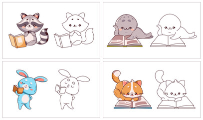 Adorable animals reading books cartoon characters on white background. Illustrations for elementary school decor in color and linear styles