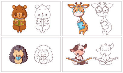 Cute animals reading books 2D cartoon characters set. Elementary school decor cute personages coloring pages color and linear illustrations