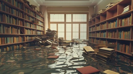Submerged Knowledge: Library Flooded with Floating Books Signifying Cultural Loss