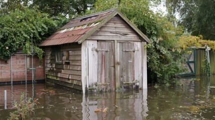 Submerged Garden Shed: Devastating Water Damage in Backyard Flood
