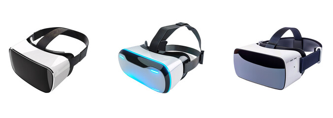Three Different Virtual Reality Headsets Isolated a White or Transparent Background