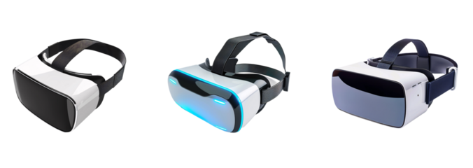 Three Different Virtual Reality Headsets Isolated a White or Transparent Background