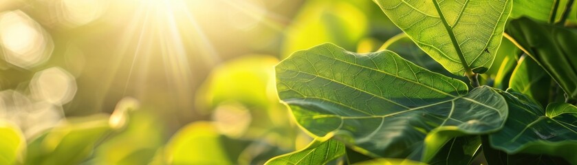 Fototapeta premium Close-up of lush green leaves in sunlight. Perfect for nature-themed projects, backgrounds, and eco-friendly designs.