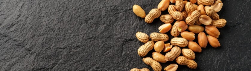 Obraz premium Close-up of peanuts in shells scattered on a dark slate background, showcasing natural simplicity and rustic texture for culinary themes.