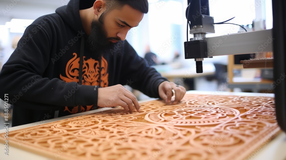 Poster cnc router intricately crafting detailed wood design with precise lines and rich textures