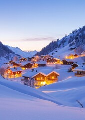 Fototapeta premium Snowy Alpine Village at Twilight with Cozy Chalet Homes and Warm Lights