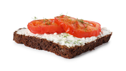 Delicious ricotta bruschetta with sliced tomatoes and dill isolated on white