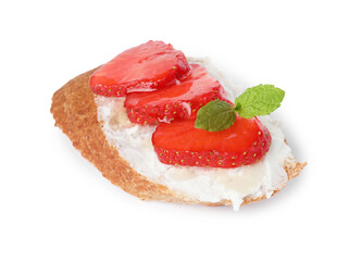 Delicious ricotta bruschetta with strawberry and mint isolated on white