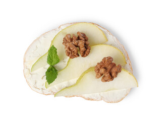 Delicious bruschetta with ricotta cheese, pear, mint and walnuts isolated on white, top view