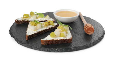 Delicious bruschettas with ricotta cheese, pear, mint and honey isolated on white