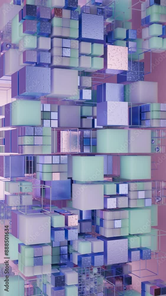 Poster abstract 3d animation of an array of cubes of different sizes and materials. the array rotates and m
