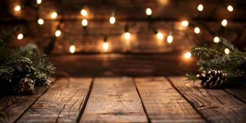 Christmas lights and pine branches on rustic wooden table under warm lights ambiance holiday decoration concept