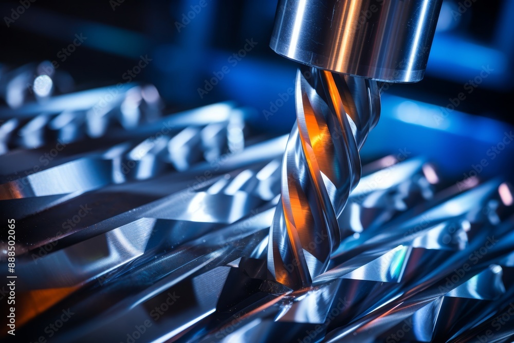 Poster sharp cnc drill bit in focus against blurred background of intricate machine mechanics