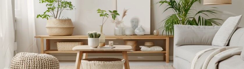 Cozy and stylish living room with natural decor elements, wooden furniture, and indoor plants, creating a serene and inviting atmosphere.