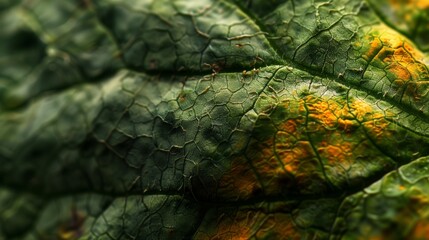 Macro shot of a textured green leaf with yellow highlights