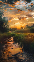 Fototapeta premium Paisaje del campo y un rio al atardecer imagen vertical 