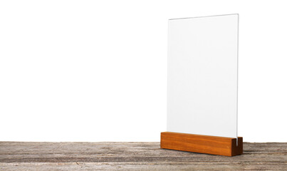 Menu holder on wooden table against white background. Mockup for design