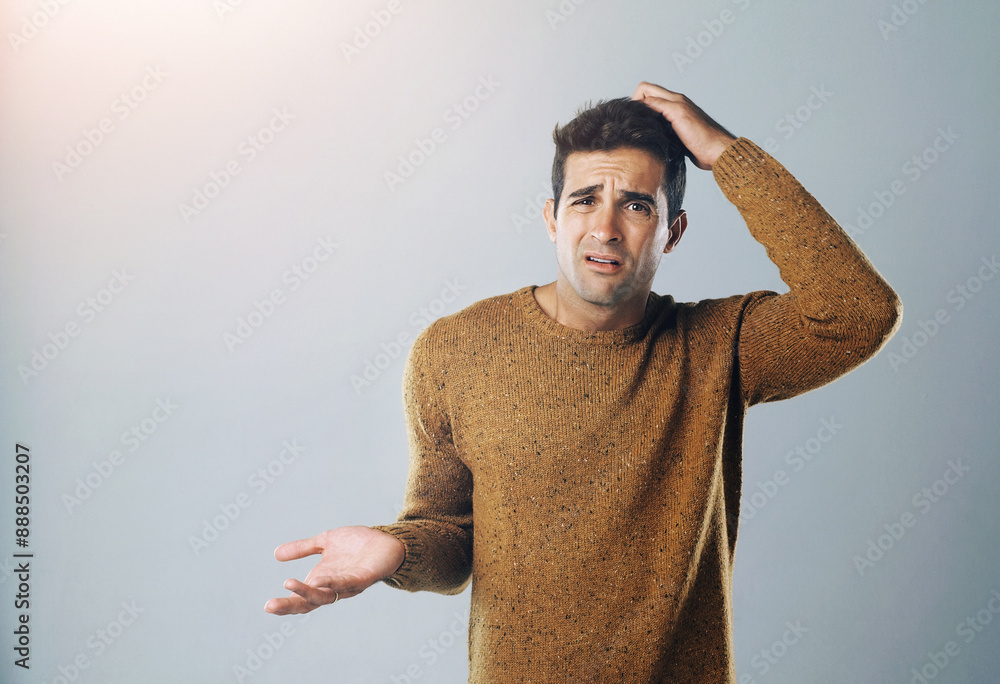 Poster Man, confused and scratch head in studio portrait with decision, lost and mistake by background. Person, doubt and choice with mockup space for crisis, stress and error with wondering for solution