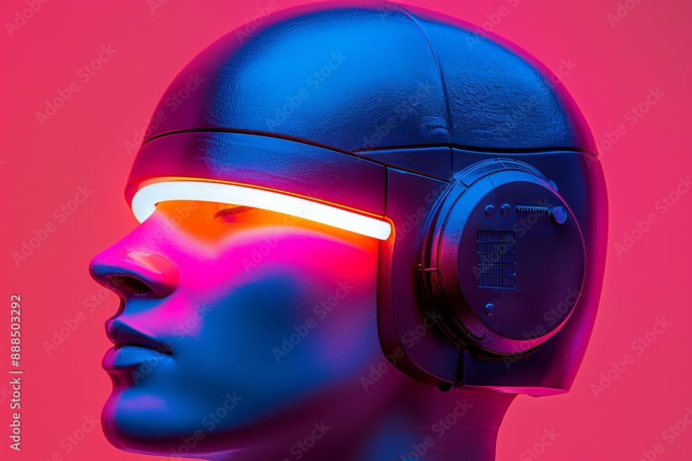 Poster futuristic portrait of man with neon headset creating a bold and hightech visual