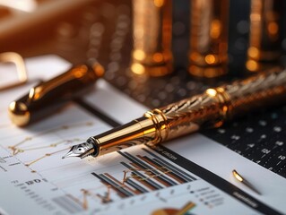 Naklejka premium Elegant closeup of a financial planners desk, investment charts and luxury pen, the art of wealth management