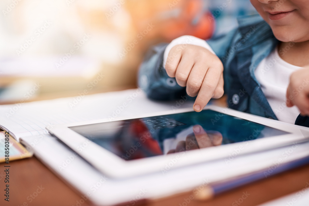 Poster tablet, school and hands of child in classroom for online learning, studying and knowledge. educatio