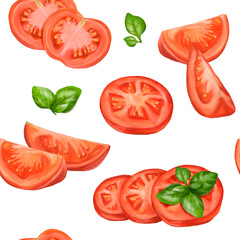 Seamless pattern with red ripe juicy slices and tomato slices. A healthy diet of vegetables and ingredients. Floral background for packaging and textiles. Digital isolated illustration