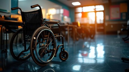 Inclusive classroom setting, closeup on wheelchairaccessible desks, promoting equality in education