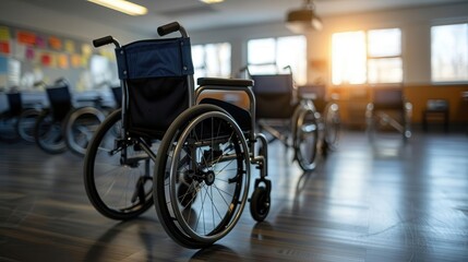 Inclusive classroom setting, closeup on wheelchairaccessible desks, promoting equality in education