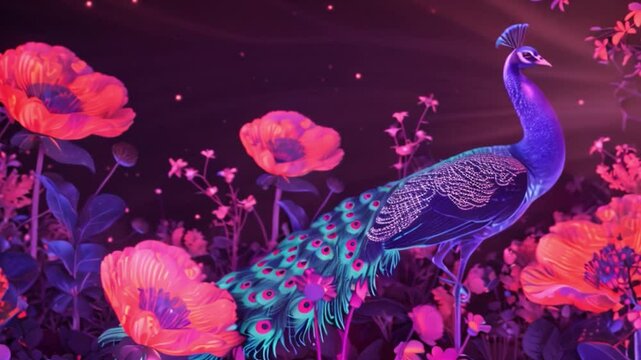 A peacock with a blue and turquoise body stands in the middle of a blacklight garden, surrounded by pink flowers and other glowing plants.