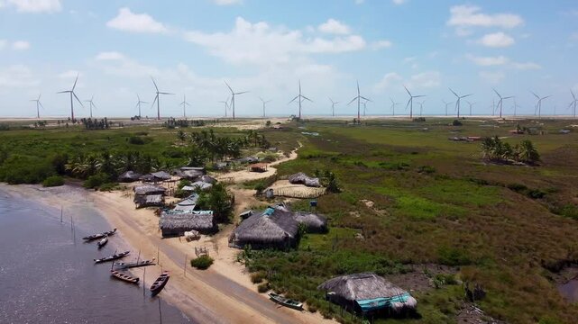 Mandacaru Village At Lencois Maranhenses Maranhao Brazil. Stunning Tropical Coastline Beach Scene Viewed From Above. Landscape Clouds Sky Waterfall Tropical. Landscape Waterfall Panoramic View.
