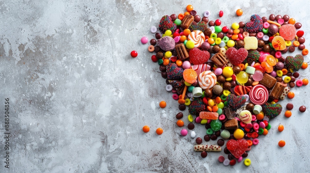 Poster candy and sweets presented in a heart shape on a white background with focus and space for text