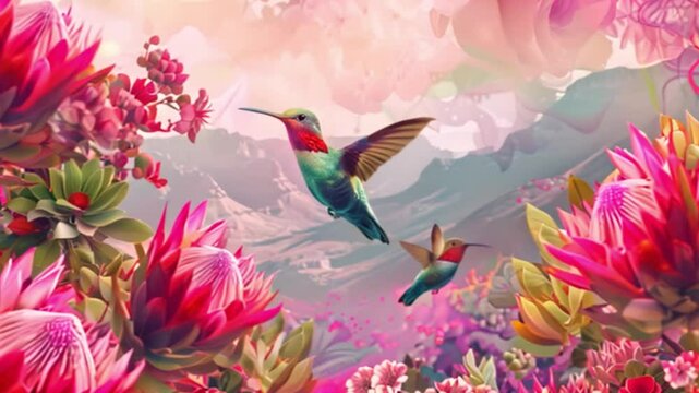 Two colorful hummingbirds hover near bright pink proteas in a field of flowers against a backdrop of mountains.