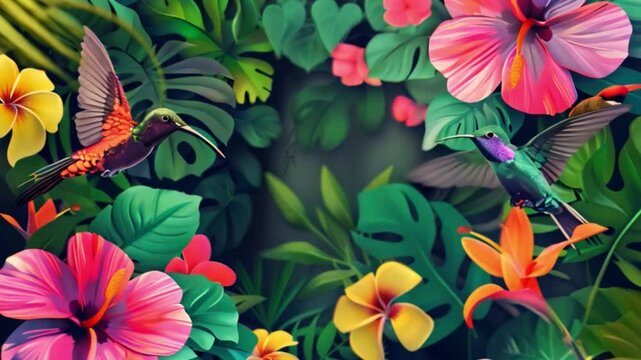 Two hummingbirds, one red and one green, fly through a lush jungle filled with vibrant pink, yellow, and orange flowers.