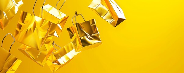 Falling golden paper bags on a bright yellow backdrop, ideal for product display with copy space, ultra-realism in 8K.