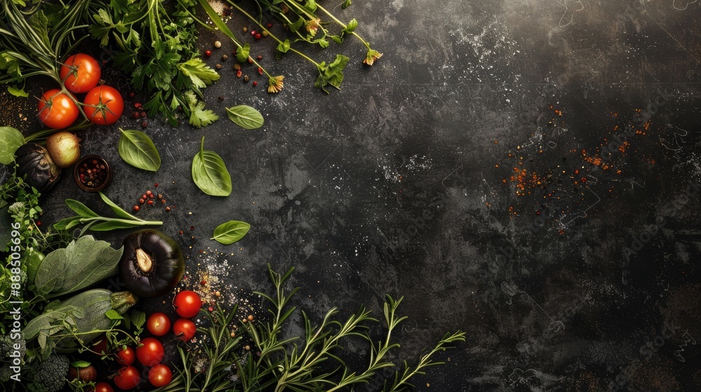 Poster vegetable and herb food backdrop on dark surface mock up for menu or recipe with space for text over