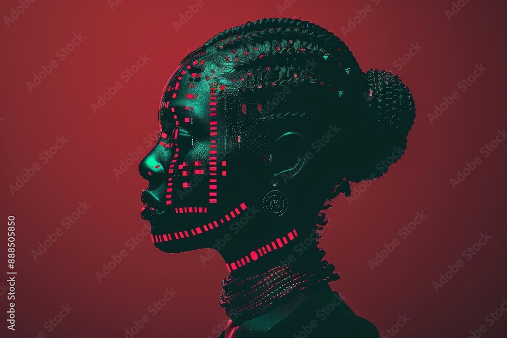 Poster vibrant profile of woman with digital patterns creating a futuristic and artistic visual