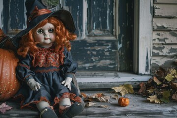 Doll in a costume sitting on a porch for Halloween.