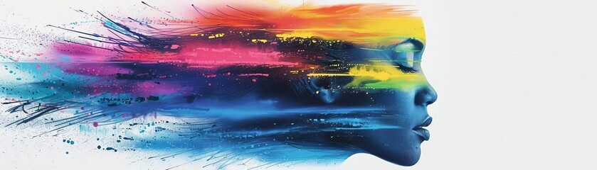Abstract side profile of a woman's face blending into colorful, artistic digital brush strokes on a white background.