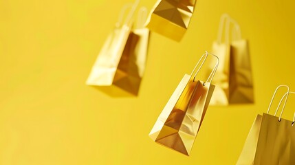 Falling golden paper bags on a bright yellow backdrop, ideal for product display with copy space, ultra-realism in 8K.